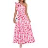 imageZESICA Womens 2026 Boho Floral Sleeveless Maxi Dress Ruffle One Shoulder Elatsic High Waist Beach Party Long DressesHot Pink