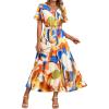 imageZESICA Womens 2026 Summer Floral V Neck Midi Dress Boho Short Sleeve High Waist Flowy Beach Vacation Dresses with BeltFloral Orange