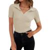 imageZESICA Womens Short Sleeve V Neck T Shirts 2026 Summer Ribbed Knit Slim Fitted Basic Solid Color Tee TopsAlmond