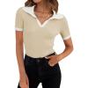 imageZESICA Womens Short Sleeve V Neck T Shirts 2026 Summer Ribbed Knit Slim Fitted Basic Solid Color Tee TopsApricot