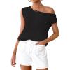 imageZESICA Womens Summer Off The Shoulder Knit Tops 2026 Casual Short Sleeve Oversized ShirtBlack