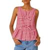 imageZESICA Womens Summer Sleeveless Gingham Tank Tops 2026 Crewneck Tie Front Top Loose Ruffle Peplum Babydoll BlousesRed