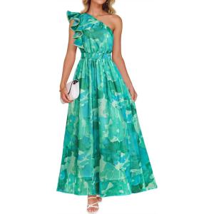 imageZESICA Womens 2026 Boho Floral Sleeveless Maxi Dress Ruffle One Shoulder Elatsic High Waist Beach Party Long DressesGreen