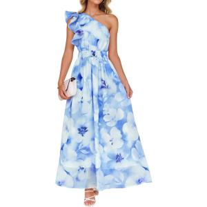 imageZESICA Womens 2026 Boho Floral Sleeveless Maxi Dress Ruffle One Shoulder Elatsic High Waist Beach Party Long DressesLight Blue