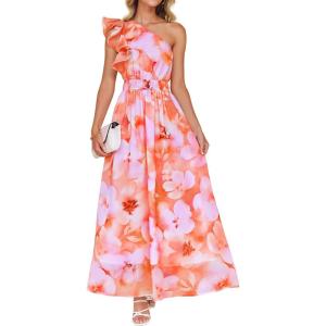 imageZESICA Womens 2026 Boho Floral Sleeveless Maxi Dress Ruffle One Shoulder Elatsic High Waist Beach Party Long DressesOrange