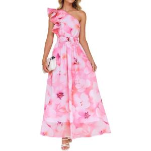 imageZESICA Womens 2026 Boho Floral Sleeveless Maxi Dress Ruffle One Shoulder Elatsic High Waist Beach Party Long DressesPink