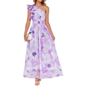 imageZESICA Womens 2026 Boho Floral Sleeveless Maxi Dress Ruffle One Shoulder Elatsic High Waist Beach Party Long DressesPurple