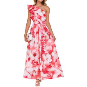 imageZESICA Womens 2026 Boho Floral Sleeveless Maxi Dress Ruffle One Shoulder Elatsic High Waist Beach Party Long DressesRed