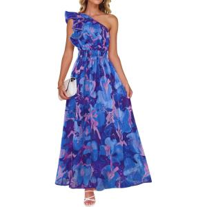 imageZESICA Womens 2026 Boho Floral Sleeveless Maxi Dress Ruffle One Shoulder Elatsic High Waist Beach Party Long DressesRoyal Blue