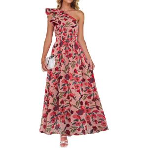 imageZESICA Womens 2026 Boho Floral Sleeveless Maxi Dress Ruffle One Shoulder Elatsic High Waist Beach Party Long DressesVintage Pink