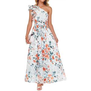 imageZESICA Womens 2026 Boho Floral Sleeveless Maxi Dress Ruffle One Shoulder Elatsic High Waist Beach Party Long DressesWhite