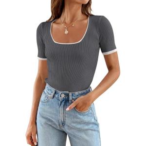 imageZESICA Womens 2026 Short Sleeve Square Neck T Shirts Slim Fitted Summer Ribbed Knit Basic Casual Tee TopsDarkgrey