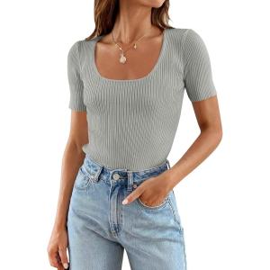 imageZESICA Womens 2026 Short Sleeve Square Neck T Shirts Slim Fitted Summer Ribbed Knit Basic Casual Tee TopsGrey