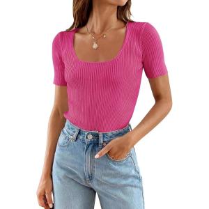 imageZESICA Womens 2026 Short Sleeve Square Neck T Shirts Slim Fitted Summer Ribbed Knit Basic Casual Tee TopsRose
