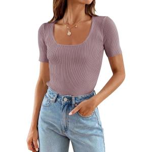 imageZESICA Womens 2026 Short Sleeve Square Neck T Shirts Slim Fitted Summer Ribbed Knit Basic Casual Tee TopsTaro