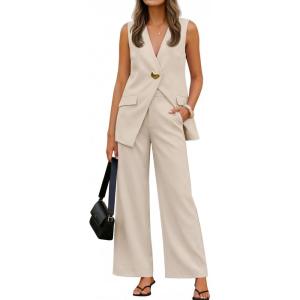 imageZESICA Womens 2026 Summer 2 Piece Sets Sleeveless Blazer Vest and Wide Leg Pants Suits Business Casual OutfitsApricot