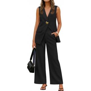 imageZESICA Womens 2026 Summer 2 Piece Sets Sleeveless Blazer Vest and Wide Leg Pants Suits Business Casual OutfitsBlack