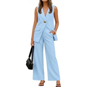 imageZESICA Womens 2026 Summer 2 Piece Sets Sleeveless Blazer Vest and Wide Leg Pants Suits Business Casual OutfitsBlue