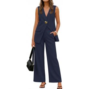 imageZESICA Womens 2026 Summer 2 Piece Sets Sleeveless Blazer Vest and Wide Leg Pants Suits Business Casual OutfitsNavy