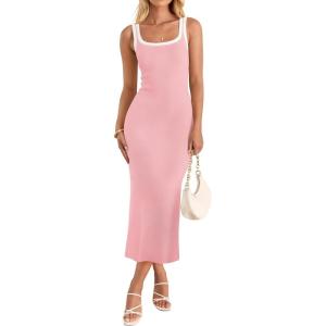 imageZESICA Womens 2026 Summer Bodycon Midi Dress Casual Sleeveless Square Neck Side Slit Knit Beach Vacation Long DressesPink