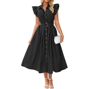 imageZESICA Womens 2026 Summer Boho Button Midi Dresses Casual V Neck Flutter Sleeve Belted Long Dresses with PocketsBlack