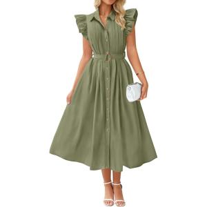 imageZESICA Womens 2026 Summer Boho Button Midi Dresses Casual V Neck Flutter Sleeve Belted Long Dresses with PocketsGreen
