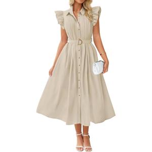 imageZESICA Womens 2026 Summer Boho Button Midi Dresses Casual V Neck Flutter Sleeve Belted Long Dresses with PocketsNatural