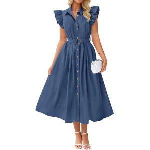 imageZESICA Womens 2026 Summer Boho Button Midi Dresses Casual V Neck Flutter Sleeve Belted Long Dresses with PocketsNavy