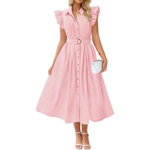 imageZESICA Womens 2026 Summer Boho Button Midi Dresses Casual V Neck Flutter Sleeve Belted Long Dresses with PocketsPink