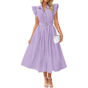 imageZESICA Womens 2026 Summer Boho Button Midi Dresses Casual V Neck Flutter Sleeve Belted Long Dresses with PocketsPurple