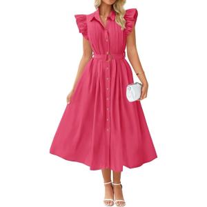 imageZESICA Womens 2026 Summer Boho Button Midi Dresses Casual V Neck Flutter Sleeve Belted Long Dresses with PocketsRose Pink