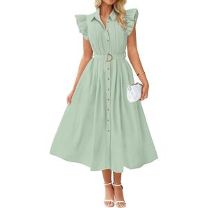 imageZESICA Womens 2026 Summer Boho Button Midi Dresses Casual V Neck Flutter Sleeve Belted Long Dresses with PocketsSage