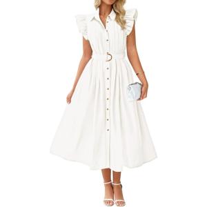 imageZESICA Womens 2026 Summer Boho Button Midi Dresses Casual V Neck Flutter Sleeve Belted Long Dresses with PocketsWhite
