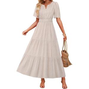 imageZESICA Womens 2026 Summer Casual Floral Print Short Sleeve V Neck High Waist A Line Tiered Flowy Boho Maxi DressBeige