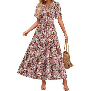 imageZESICA Womens 2026 Summer Casual Floral Print Short Sleeve V Neck High Waist A Line Tiered Flowy Boho Maxi DressGreybrown