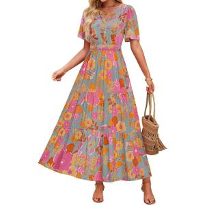 imageZESICA Womens 2026 Summer Casual Floral Print Short Sleeve V Neck High Waist A Line Tiered Flowy Boho Maxi DressGreygreen