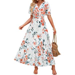 imageZESICA Womens 2026 Summer Casual Floral Print Short Sleeve V Neck High Waist A Line Tiered Flowy Boho Maxi DressIvory