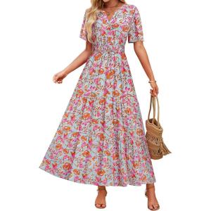 imageZESICA Womens 2026 Summer Casual Floral Print Short Sleeve V Neck High Waist A Line Tiered Flowy Boho Maxi DressLightblue
