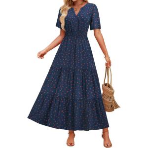 imageZESICA Womens 2026 Summer Casual Floral Print Short Sleeve V Neck High Waist A Line Tiered Flowy Boho Maxi DressNavy