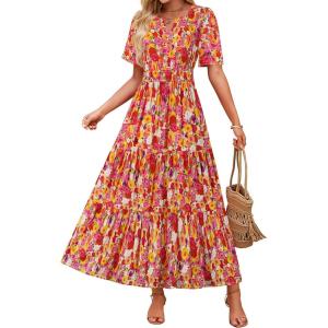 imageZESICA Womens 2026 Summer Casual Floral Print Short Sleeve V Neck High Waist A Line Tiered Flowy Boho Maxi DressOrange