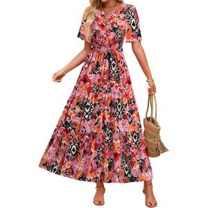 imageZESICA Womens 2026 Summer Casual Floral Print Short Sleeve V Neck High Waist A Line Tiered Flowy Boho Maxi DressOrangered