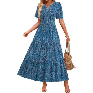 imageZESICA Womens 2026 Summer Casual Floral Print Short Sleeve V Neck High Waist A Line Tiered Flowy Boho Maxi DressPeacockblue