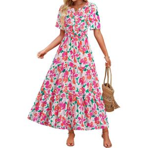 imageZESICA Womens 2026 Summer Casual Floral Print Short Sleeve V Neck High Waist A Line Tiered Flowy Boho Maxi DressPink
