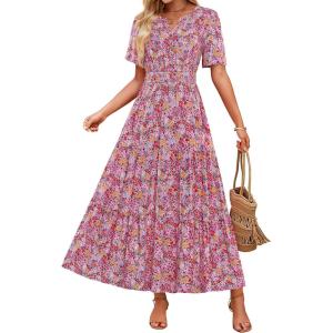 imageZESICA Womens 2026 Summer Casual Floral Print Short Sleeve V Neck High Waist A Line Tiered Flowy Boho Maxi DressRed