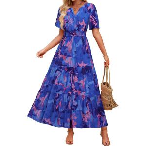 imageZESICA Womens 2026 Summer Casual Floral Print Short Sleeve V Neck High Waist A Line Tiered Flowy Boho Maxi DressRoyalblue