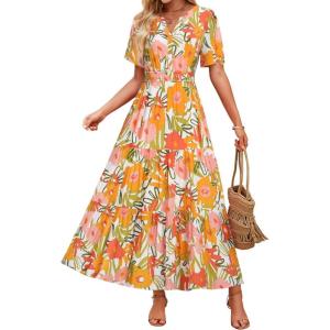 imageZESICA Womens 2026 Summer Casual Floral Print Short Sleeve V Neck High Waist A Line Tiered Flowy Boho Maxi DressSunsetyellow
