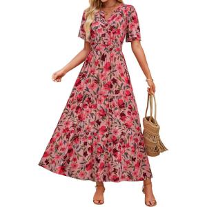imageZESICA Womens 2026 Summer Casual Floral Print Short Sleeve V Neck High Waist A Line Tiered Flowy Boho Maxi DressVintagepink