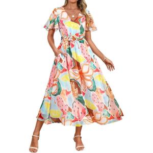 imageZESICA Womens 2026 Summer Floral V Neck Midi Dress Boho Short Sleeve High Waist Flowy Beach Vacation Dresses with BeltBlue Pink