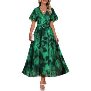 imageZESICA Womens 2026 Summer Floral V Neck Midi Dress Boho Short Sleeve High Waist Flowy Beach Vacation Dresses with BeltDarkgreen