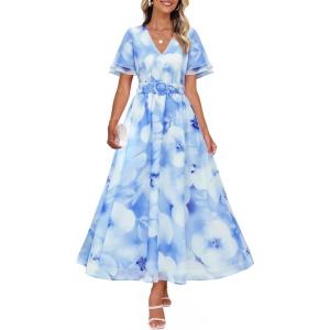 imageZESICA Womens 2026 Summer Floral V Neck Midi Dress Boho Short Sleeve High Waist Flowy Beach Vacation Dresses with BeltLightblue
